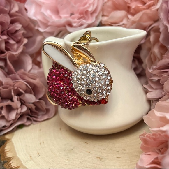 Hot Pink and Silver Crystal Bunny Rabbit Keychain Charm - Picture 3 of 14